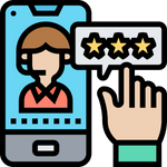 A person on the phone with another person rating their experience