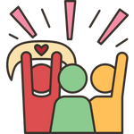 Different people excited with a heart banner above them
