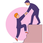 A person helping another person climb up a rock