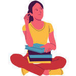 A girl with books in her lap, thinking about ideas
