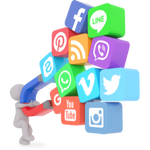 A figure with a magnet attracting all different types of social media platforms