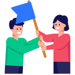 Two people with the same goal in mind holding one flag
